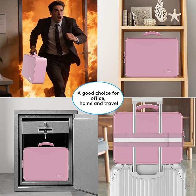 ENGPOW Fireproof File Organizer Bag with 13 Colorful Pockets Accordion File Folder,5200℉ Document Organizer Box with Lock&Labels,Multi-Layer Portable Home Safe Storage for Important Documents,Pink - Image 6