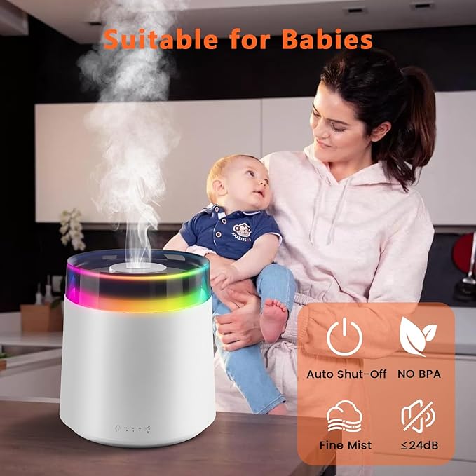 Humidifiers for Bedroom Home,3L Top Fill Cool Mist Humidifier for Baby Nursery,Essential Oil Diffuser for Large Room,3 in 1 uiet Ultrasonic Humidifier for,Office,Plant,Nursery,BPA FREE (White) - Image 5
