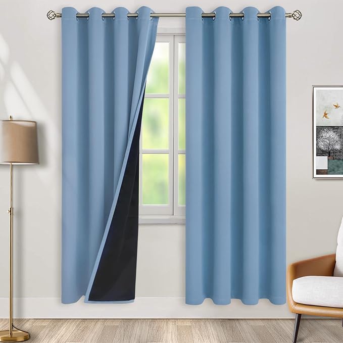 BGment Thermal Insulated 100% Blackout Curtains for Bedroom with Black Liner, Double Layer Full Room Darkening Noise Reducing Grommet Curtain (52 x 84 Inch, Denim Blue, 2 Panels) by BGment