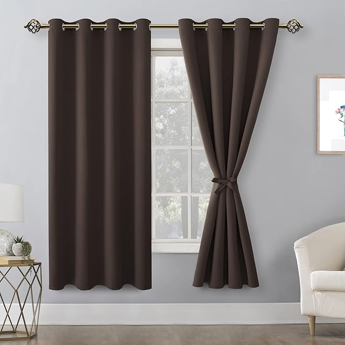 Hiasan Blackout Curtains for Bedroom, 52 x 63 Inches Length - Thermal Insulated & Light Blocking Window Curtains for Living Room, 2 Drape Panels Sewn with Tiebacks, Brown - Image 2