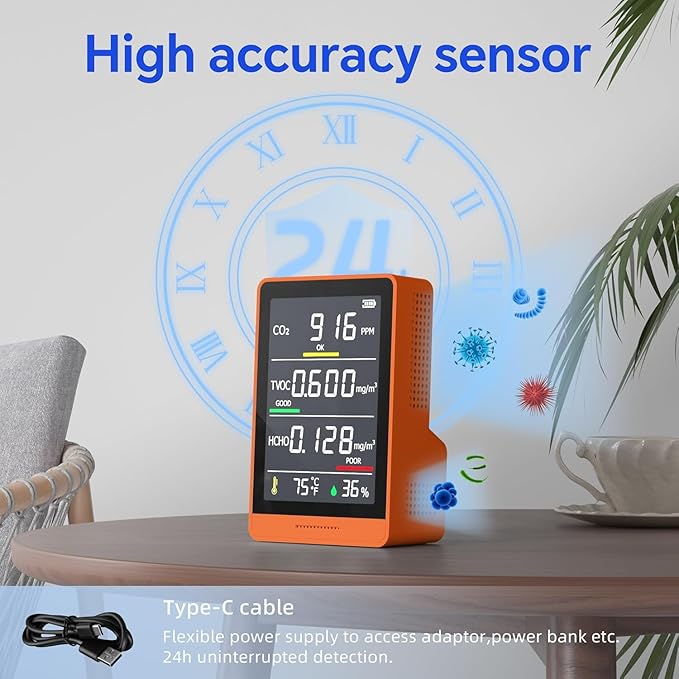 5-in-1 Professional Indoor Air Quality Monitor Indoor Portable CO2 Monitor | Temperature | Formaldehyde Detector | Humidity TVOC | Air Quality Tester - Confined Space Clean Air Monitor (Orange) - Image 8