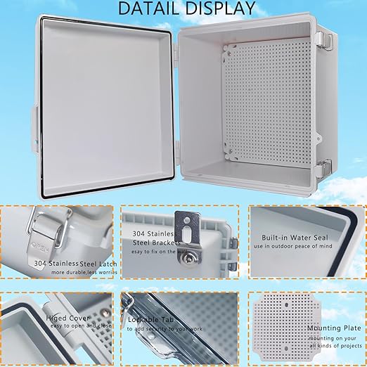 Waterproof Junction Box, ABS Plastic Electrical Box with Stainless Steel Latch, Hinged Cover Electric Project Enclosure Box with Mounting Plate, Wall Brackets 13"x13"x6.7" - Image 3