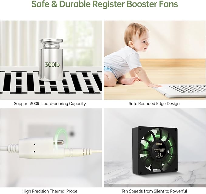Register Booster Fan Fits 4” x 10” Register Holes, Smart Control Heating Cooling AC Vent Fan, 10-Speed Quiet Register Vent Booster Fans with Thermostat Control & Remote Control - Image 6