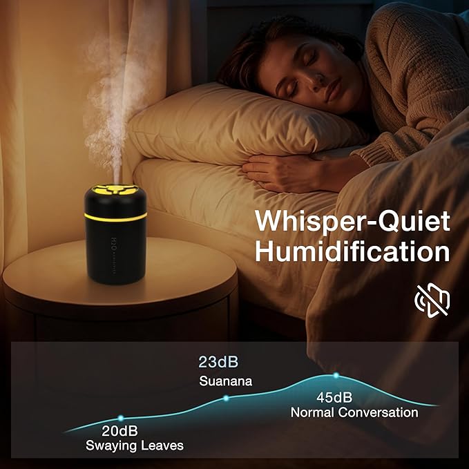 Portable Mini Humidifier, 300ml USB Cool Mist Small Humidifier with Colorful Lights. Perfect for Bedroom, Office, Plants, travel & Car (Black) - Image 6