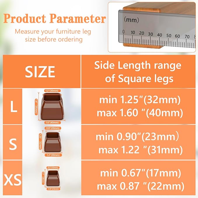 36pcs Square Chair Leg Floor Protectors, Felt Pads Chair Leg Protectors for Hardwood Floors, Silicone Furniture Feet Cups Covers Felt Pads, Prevents Scratches & Reduce Noise, Brown, X-Small - Image 2