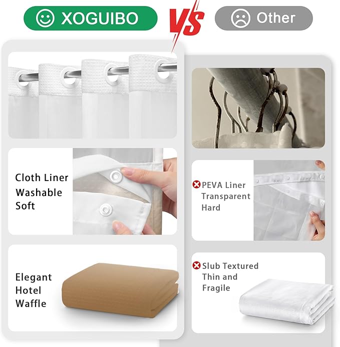 No Hook Shower Curtain and Liner Set,Ombre Beige Hotel Waffle Shower Curtain with Liner 75" L x 72" W - Image 4
