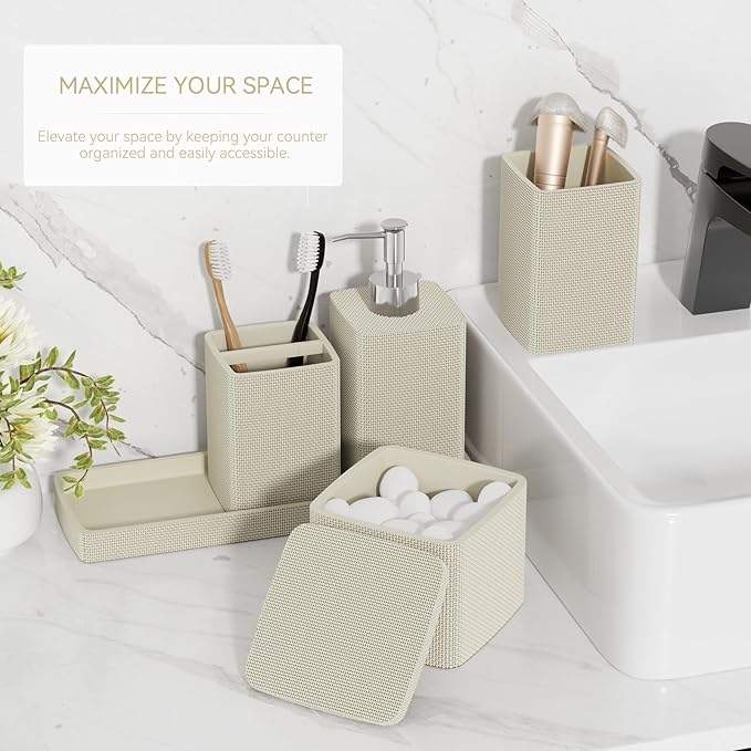 Beige Bathroom Accessories Set 5 Pieces, Resin Toothbrush Holders Set Complete with Soap Dispenser, Toothbrush Holder, Vanity Tray, Bathroom Tumbler and Qtip Holder for Small Spaces - Image 2