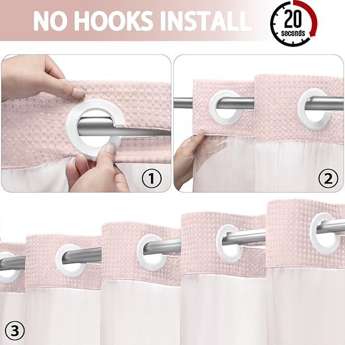No Hook Shower Curtain and Liner Set,Blush Pink Hotel Waffle Shower Curtain with Liner 75" L x 72" W - Image 2