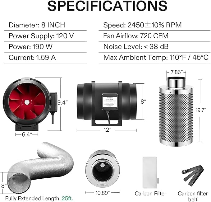 VIVOSUN Grow Tent Ventilation System, 8 Inch Inline Duct Fan with Speed Controller, 8'' Carbon Filter, and 25ft. Ducting Combo, Air Cooling and Filtration Kit for Grow Tent, Hydroponics - Image 7
