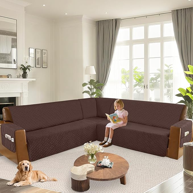 Arfntevss Waterproof Sectional Couch Covers L Shape Washable Velvet Sofa Cover for Sectional Non Slip Large Corner Slipcovers Dog 6 Pcs Universal U Shaped Furniture Protector (Dark Brown, Large) - Image 6