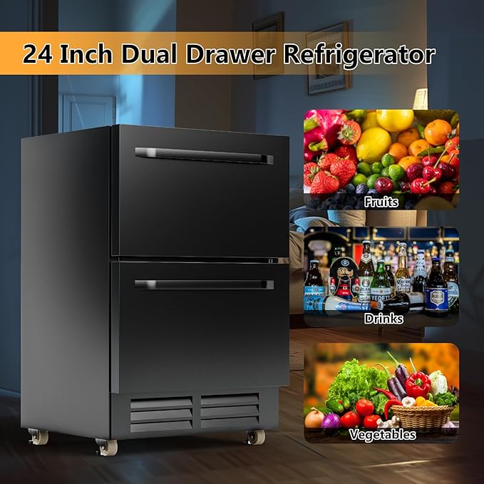 24 Inch Under Counter Dual Drawer Beverage Fridge, Weather Proof Outdoor Beverage Refrigerator for Patio, Stainless Steel Built-in Beverage Cooler for Home & Commercial Use, Black - Image 7