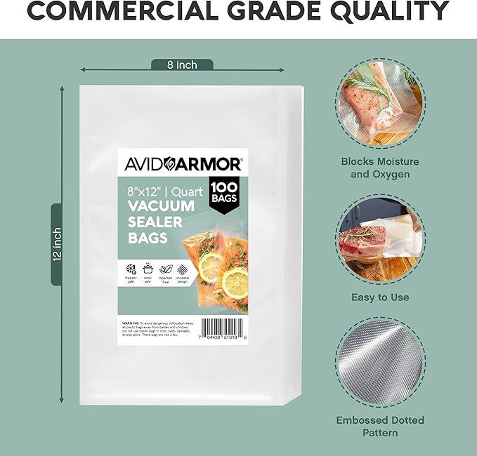 Avid Armor Vacuum Sealer Bags Quart 8x12 Inch 100 Pack for Food Saver, Seal a Meal Vacuum Seal Machines, Commercial Grade Heavy Duty BPA Free for Sous Vide and Meal Prep Precut Storage Bag - Image 7