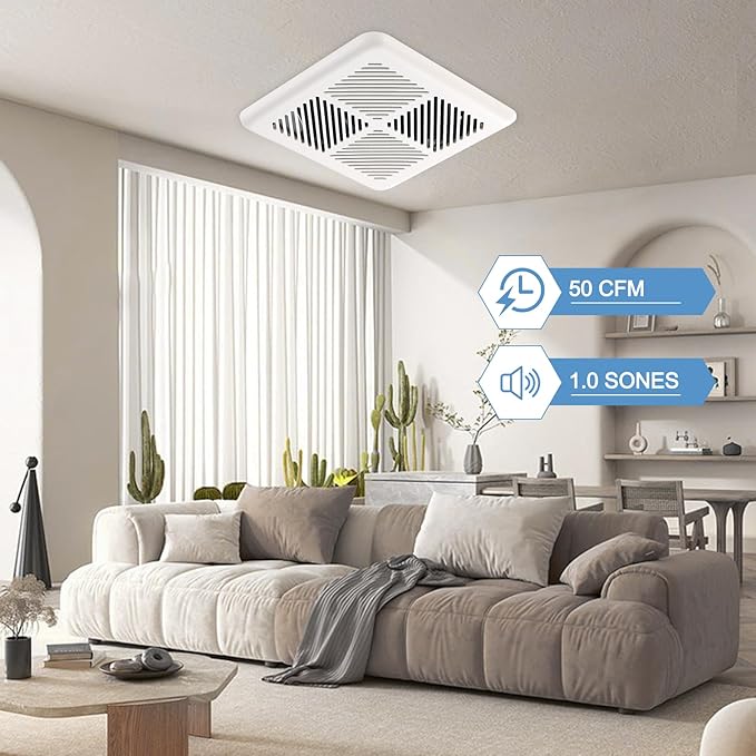Bathroom Exhaust Fan 50CFM 1.0Sone, Quiet Bath Fan with 3inch duct for Bathroom Ceiling, Energy-Saving Household Ventilation Fan,Ceiling or Wall Mounted, White Plastic Grille - Image 2