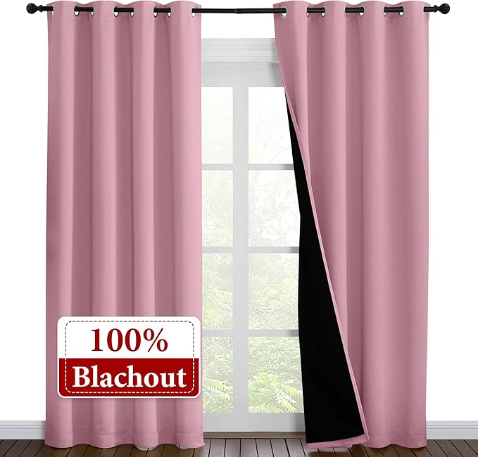 NICETOWN Total Shade Curtains and Draperies, Heavy-Duty Full Light Shading Drapes with Black Liner Backing for Villa/Hall/Dorm Window（Crystal Pink, Package of 2 Panels, 52 inches Wide x 95 inches Long - Image 2