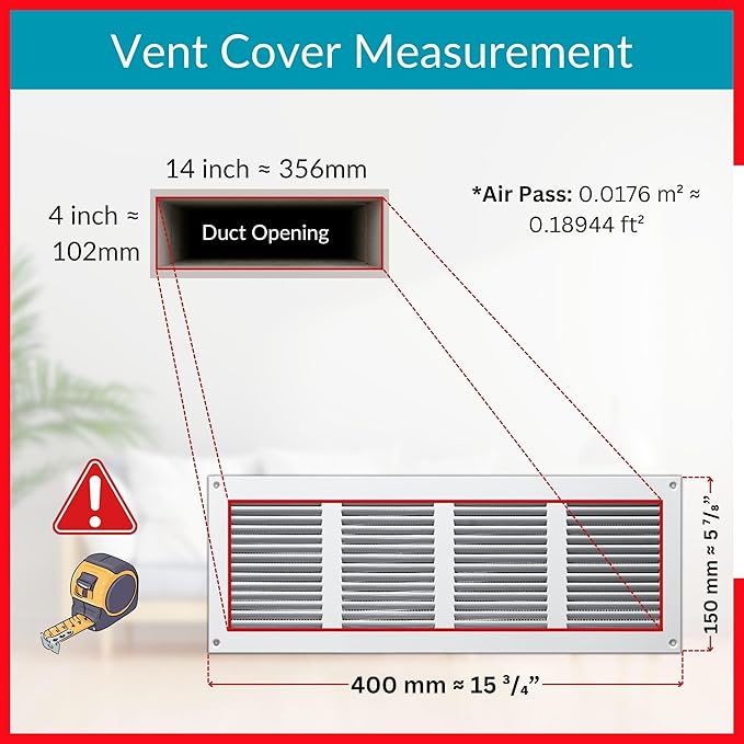 14x4 Vent Cover (Duct Opening) - White HVAC Return Air Grille for Wall and Ceiling - Metal AC Vent Cover with Mesh - Rectangular Ventilation Register - External Dimensions: 15.75" W x 5.91" H - Image 6