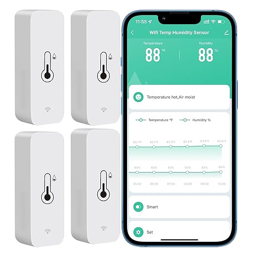 Tuya Smart Wireless Battery Powered Humidity and Temperature Sensor, Free Data Storage Export, Long-Lasting for Home/Basement/Baby Room, Alexa Compatible, Real-Time Alerts via App (4 Pack) by PHOVOLT