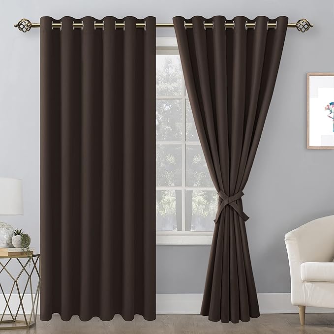 Hiasan Grommet Blackout Curtains for Bedroom, 70 x 84 Inches - Thermal Insulated & Light Blocking Window Drapes for Living Room/Dorm Room, Set of 2 Panels Sewn with Tiebacks, Brown - Image 2