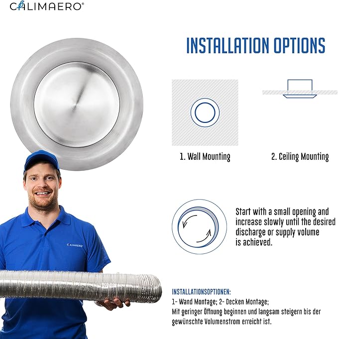 calimaero® TVE 4" Stainless Steel Vents, Round Adjustable Wall Air Vent Ventilation Cover Vents for HVAC Fits Only with Metal Ducts - Image 4