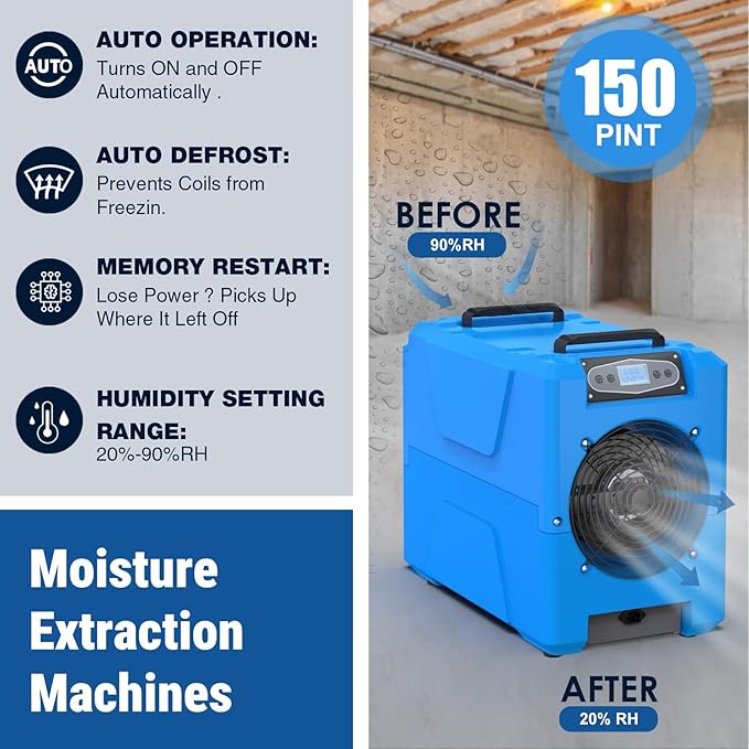 MOUNTO Commercial Dehumidifier, 150 Pint High-Capacity, Includes Pump Drain Hose for Water Damage Restoration, Ideal for Basements, Warehouses & Job Sites - Image 2