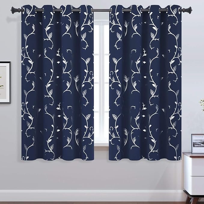 BUHUA Shinny Silver Wave Flower Print Blackout Curtains Grommet Thermal Insulated Navy Curtains for Classroom 52W×54L Navy Blue 2 Panels - Image 2