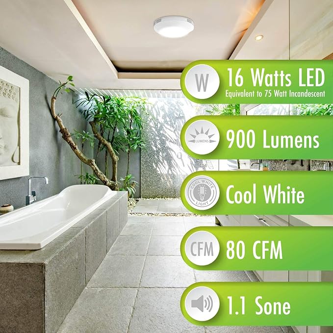 Homewerks 7117-01-WH Bathroom Integrated LED Light Ceiling Mount Exhaust Ventilation 1.1 Sones 80 CFM, Bath Fan White - Image 6