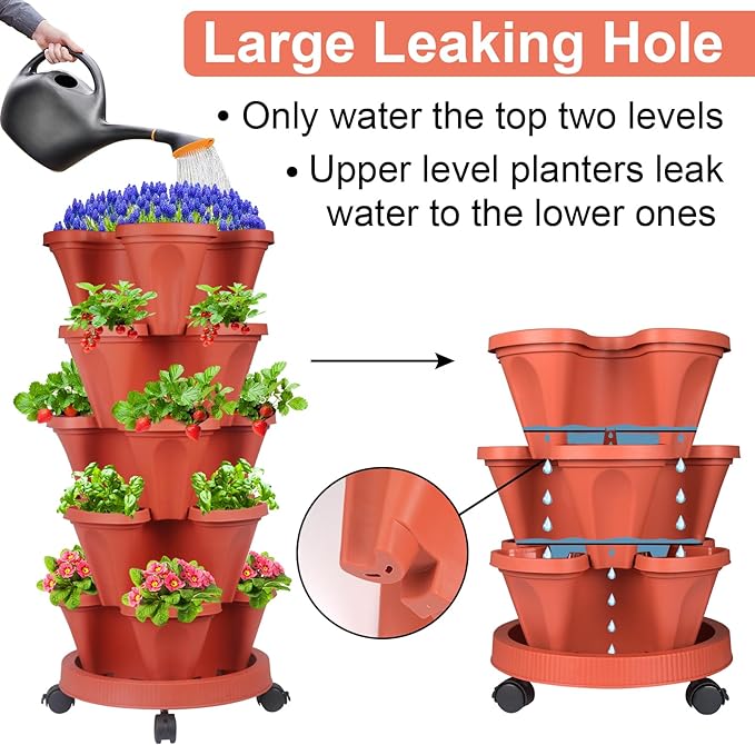 DUNCHATY 5 Tier Plant Pot, Vertical Garden Planter, Strawberry Planter, Indoor/Outdoor Planters, 2 Set, Brick Red, 29 x 13.6 x 13.6 inches - Image 4