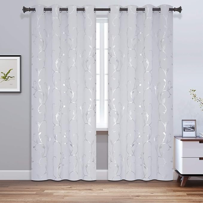 BUHUA Girls Room Darkening Curtains Thermal Insulated Blackout Curtains with Elegant Vine Pattern for Baby Room 52W×72L Greyish White Set of 2 - Image 2