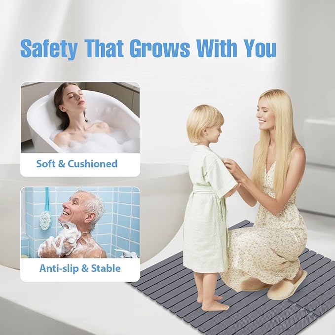 ​Shower Mat Non-Slip Bath Mat for Tub and Shower Stall,200+ Suction Cups with Drain Holes, Quick Dry Machine Washable, Extra Grip for Stand Up Showers, Bathroom Essentials 24x24 Inch (Light Grey) - Image 8