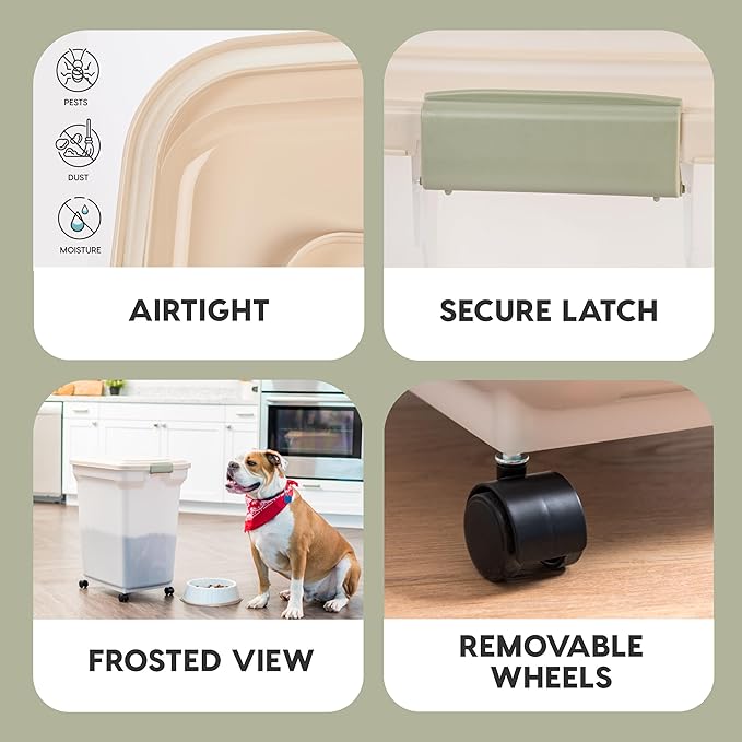 IRIS USA 58 Lbs / 67 Qt WeatherPro Airtight Pet Food Storage Container with Attachable Casters, For Dog Cat Bird and Other Pet Food Storage Bin, Keep Fresh, Translucent Body, Pearl/Almond - Image 4
