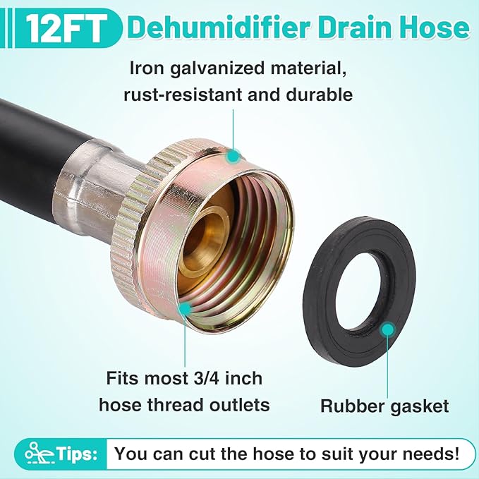 Leakproof Dehumidifier Drain Hose 3/4" FHT - 12 FT Thickened Dehumidifier Hose with Rustproof Durable Connector, No Kink and Easily Coilable, Fits for Most of Dehumidifiers - Image 4