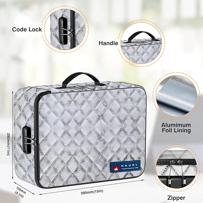 HAUKL Fireproof Document Bag with Lock - 14" Fireproof Safe Box for Home & Travel, 8-Layer Waterproof Fireproof Bag for Files, Passports, Jewelry, Cash, 2000°F Protection (Gray W/Jewelry Holder) - Image 7