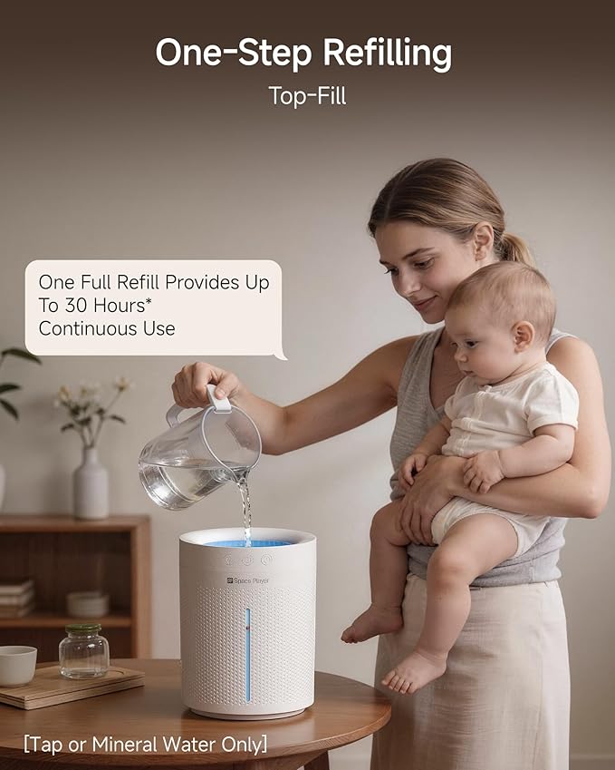 SP SpacePlayer Wireless Humidifier for Bedroom Large Room, 3L Top Fill Cool Mist Ultrasonic, 4000mAh Rechargeable (Cordless), 4 Modes, 23-28dB Quiet, 8H Timer Auto-Off, BPA-Free, Easy Fill Clean - Image 4