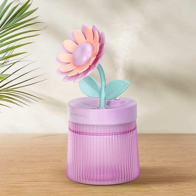 Cute Flower Mini Humidifier, 260ml Sunflower Desktop Humidifiers for Bedroom, Portable Small Cool Mist Humidification for Home, Baby Nursery, Office & Indoor Plants, USB Powered (Purple) by Cerrota