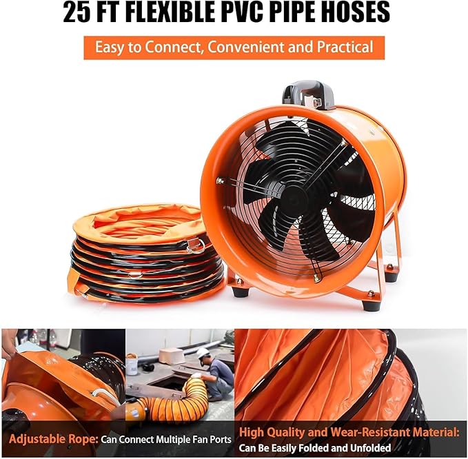 dreamdragon 8" High-Velocity Portable Utility Blower Fan, Industrial Exhaust Fan with 25ft Flexible Duct Hose, 3150 RPM Low-Noise Ventilator for Basements, Workshops, Warehouses, and Confined Spaces - Image 5