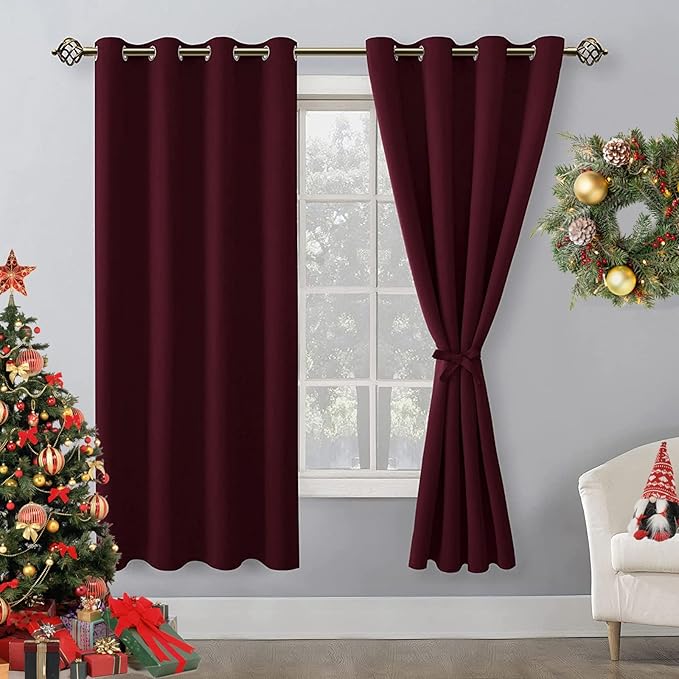 Hiasan Blackout Curtains for Bedroom, 52 x 63 Inches Length - Thermal Insulated & Light Blocking Window Curtains for Living Room Christmas Decor, 2 Drape Panels Sewn with Tiebacks, Burgundy by Hiasan