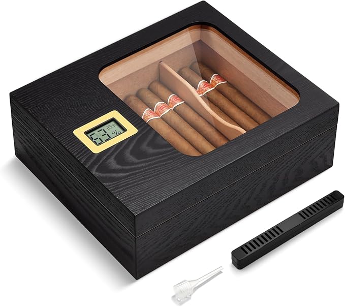 Cigar Humidor, Modern Glass Top Cedar Humidor Cigar Box with Digital Hygrometer, Humidifier, Divider, Handmade Cigar Case Holds 35-45 Cigars, Cigar Accessories for Men by OTAKOKIT