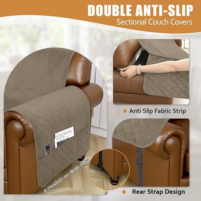 Arfntevss Waterproof Sectional Couch Covers L Shape Washable Velvet Sofa Cover for Sectional Non Slip Large Corner Slipcovers Dog 6 Pcs Universal U Shaped Furniture Protector (Camel, X-Large) - Image 4