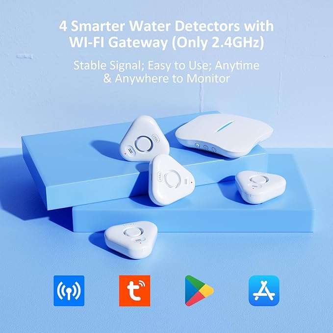 Smart Water Leak Detectors for Home WiFi with App Alerts, Stechro Ajustable 120dB Water Sensor Alarm Leak Detector for Basements Sink Kitchen Laundry, 4 Water Sensors & 1 Gateway - Image 2