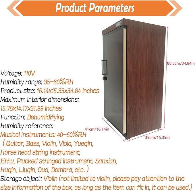 Musical Instrument Dehumidifying Dry Cabinet Box Bass Violin Display Case with Hygrometer Electronic Humidity Control Storage for Guitar Bass Violin 35-60% RH 110V - Image 2