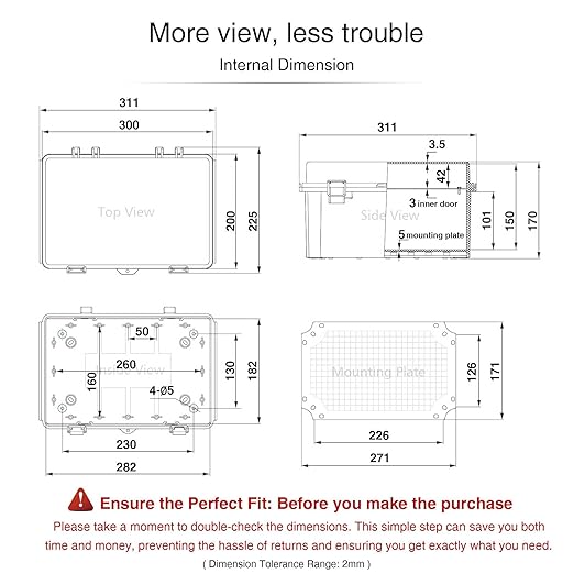 QILIPSU Waterproof Junction Box IP67 Outdoor Plastic Electrical Project Enclosure Weatherproof with Inner Door, Mounting Plate, Wall Brackets, Hinged Clear Cover 11.8"x7.9"x6.7" CC-D - Image 6