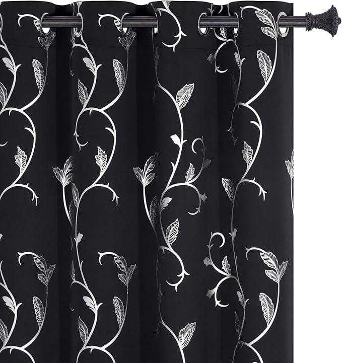 BUHUA Silver Shinny Vine Design Blackout Curtains Striped Window Curtains Thermal Insulated Curtains for Nursery 52W×72L Black 1 Pair by BUHUA