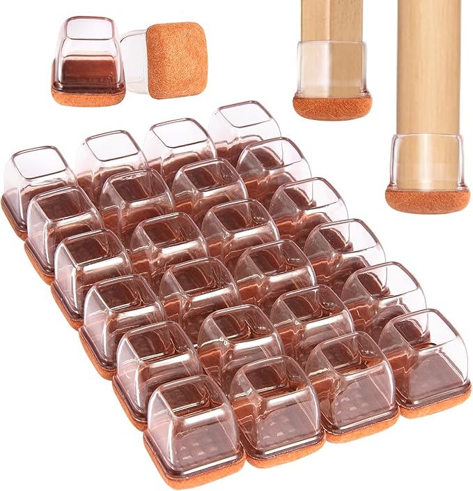 Square Chair Leg Floor Protectors Medium 24Pcs,Silicone Chair Leg Protectors for Hardwood Floors/Tiles,Clear 360°Wrapped Felt Bottom to Prevent Scratch and Reduce Noise by YTEACIUL