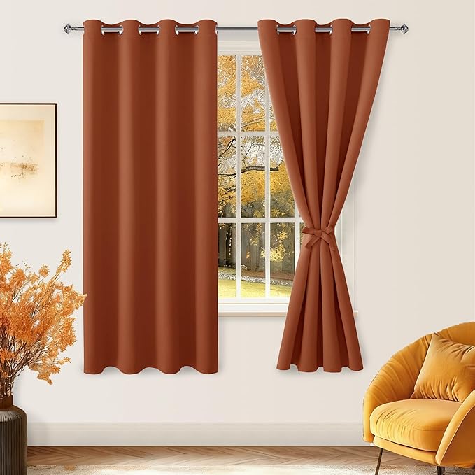 Hiasan Fall Blackout Curtains for Bedroom, 52 x 63 Inches Length - Thermal Insulated & Light Blocking Window Curtains for Living Room/Kids Room, 2 Drape Panels Sewn with Tiebacks, Burnt Ochre - Image 2