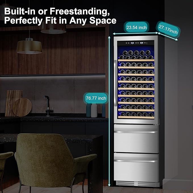 24 Inch Wine and Beverage Refrigerator, 2 IN 1 Dual Zone Drawer Beverage Fridge Wine Cooler, Built-in or Freestanding Beverage Cooler with Powerful Compressor, Holds 108 Bottles and 150 Cans - Image 8