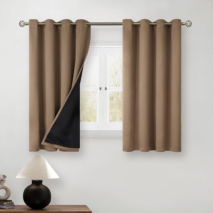 BGment Short 100% Blackout Curtains for Bedroom, Thermal Insulated Energy Efficiency Noise Reducing Grommet Curtains 54 Inch Length with Liner for Small Window 2 Panels Each 52 Inch Wide, Taupe by BGment