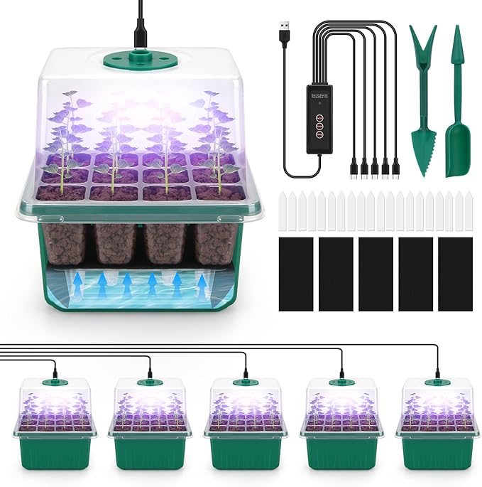 BlumWay Self-Watering Seed Starter Tray Kit with Grow Light and Humidity Dome,3 Color Growing Light,5-Pack 60-Cell Plant Seedling Tray,Reusable Plastic Germination Trays,Timed Light Plant Starter Set by BlumWay