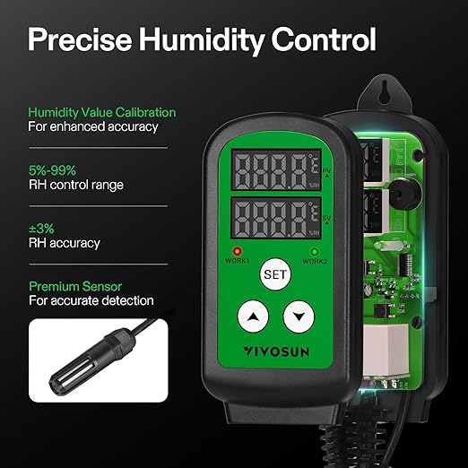 VIVOSUN Humidity Controller, 1200W Dual-Stage Outlet, Pre-Wired Digital Humidistat with Dual LED Displays for Humidifier/Dehumidifier/Fan, Ideal for Greenhouse, Grow Tent, Home-Brewing, Mushroom - Image 5