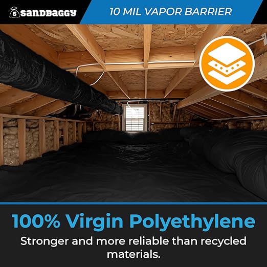 Sandbaggy 20 ft x 100 ft Vapor Barrier 10 Mil | Polyethylene | Black Plastic Sheeting Rolls | Moisture Barrier for Crawl Spaces, Concrete and Laminate Underlayment, Walls (100 Rolls) - Image 7