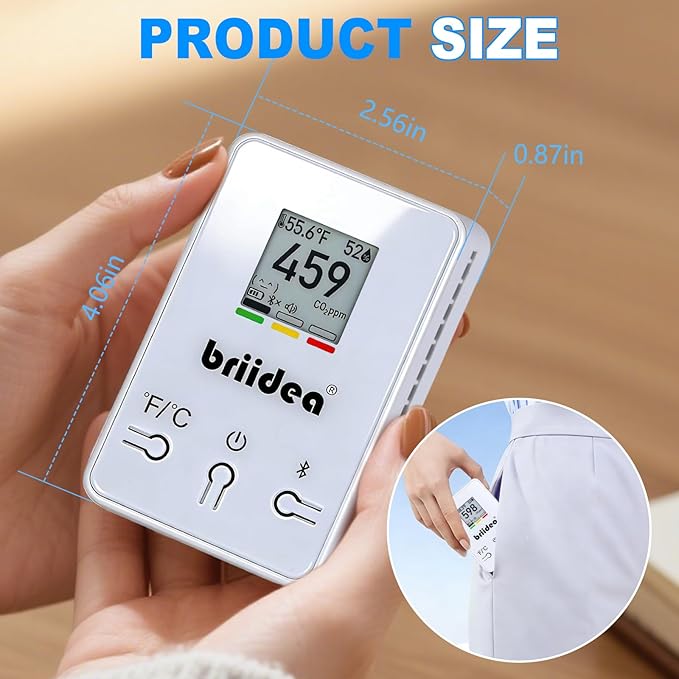 Wireless Indoor Air Quality Monitor, Briidea Bluetooth Portable CO2 Detector with NDIR Sensor for Home Office School, CO2 Temp Humidity Monitoring, App Data History, E-Ink Screen, 4-Year Battery Life - Image 6