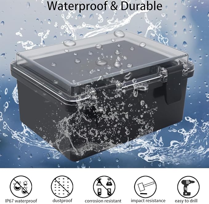 Junction Box, Hinged Black Clear Cover IP67 Waterproof ABS Project Box with Mounting Plate Electrical Box Enclosure with Wall Bracket 7.1 x 5.1 x 3.5inch(180x130x90mm) - Image 2
